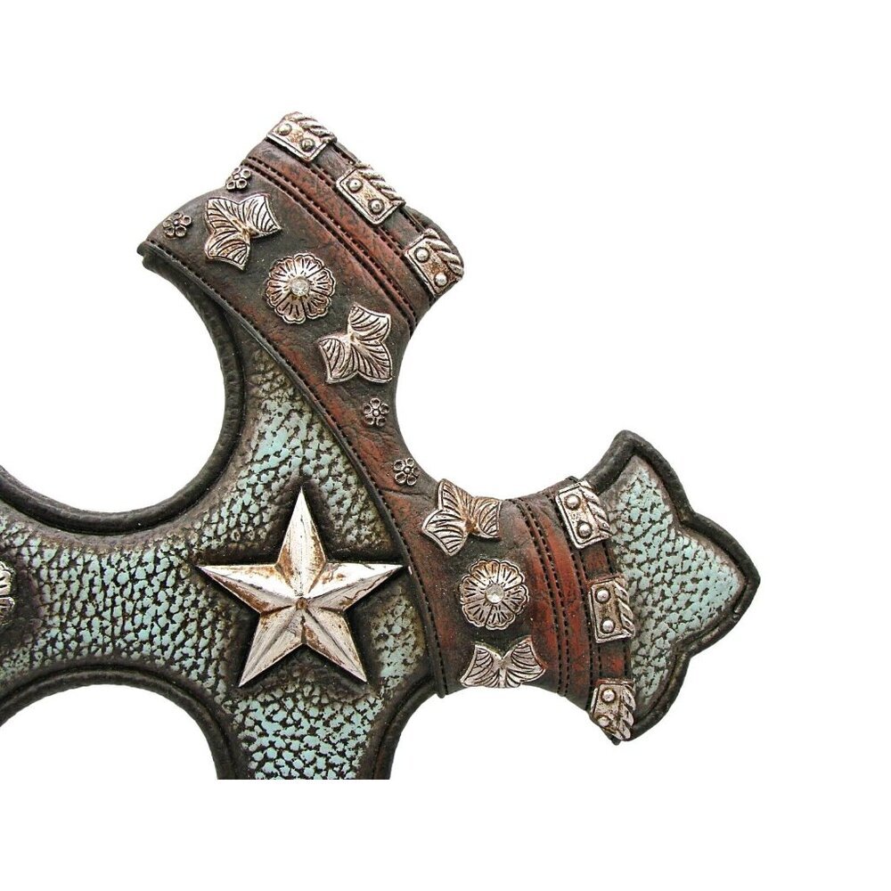 Rustic Western Boho Cross Decor Triple Silver Star Turquoise Faux Leather 13" - Picture 3 of 12